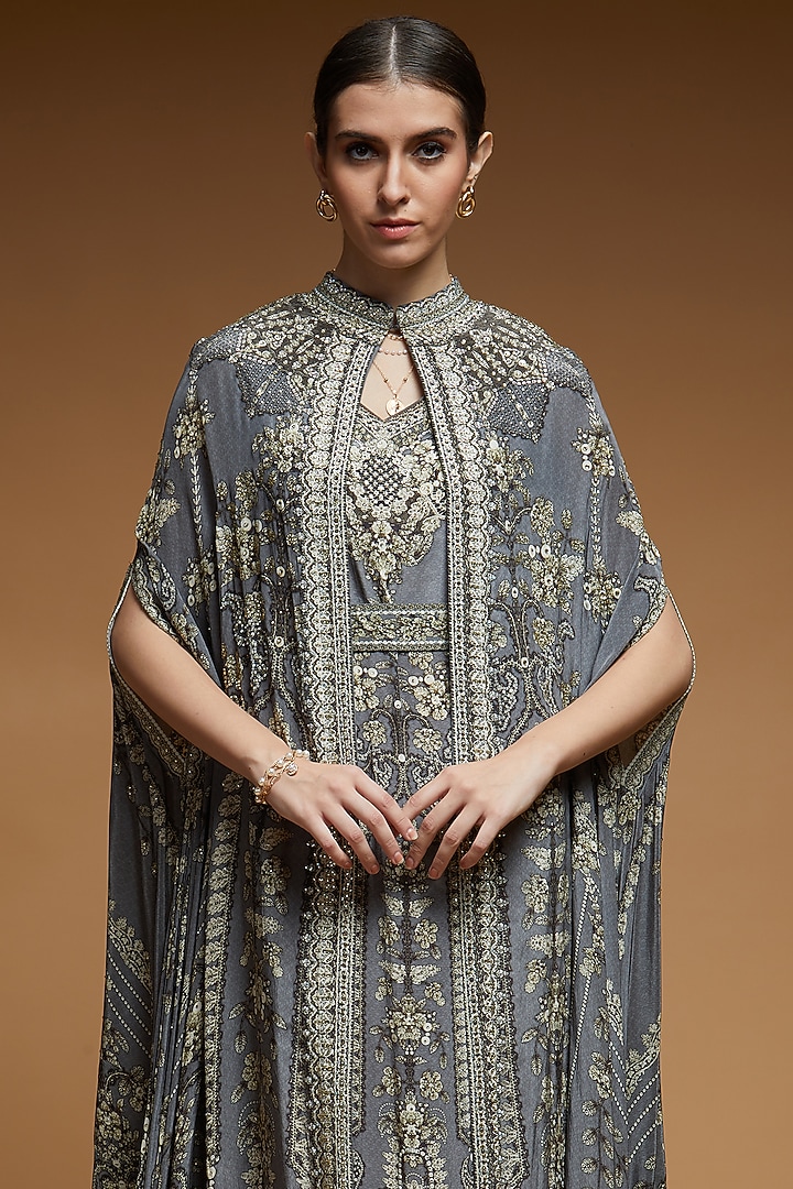 Grey Bemberg Crepe Digital Printed Cape With Attached Inner by NIRRAAMYAA at Pernia's Pop Up Shop