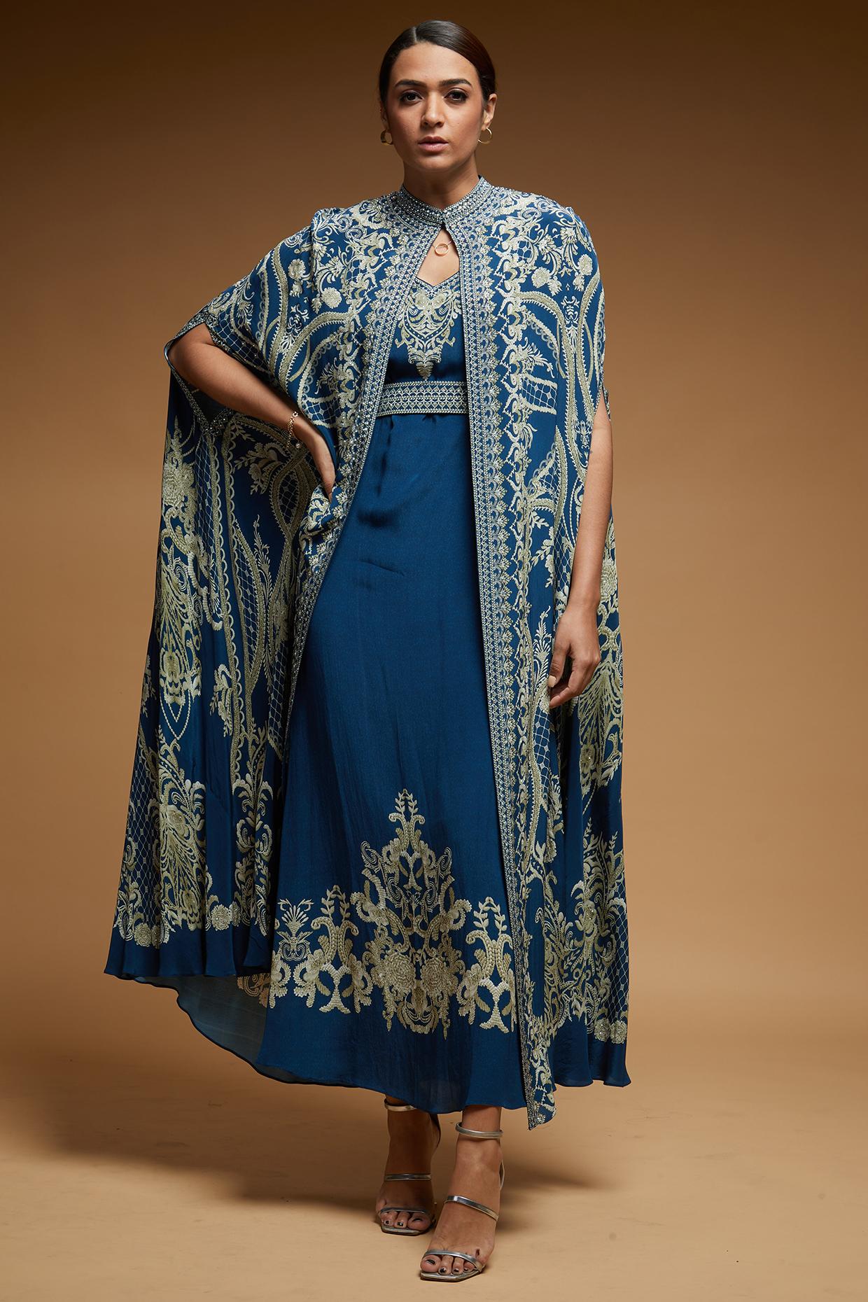 Blue Bemberg Crepe Digital Printed Cape With Attached Inner by NIRRAAMYAA at Pernia's Pop Up Shop