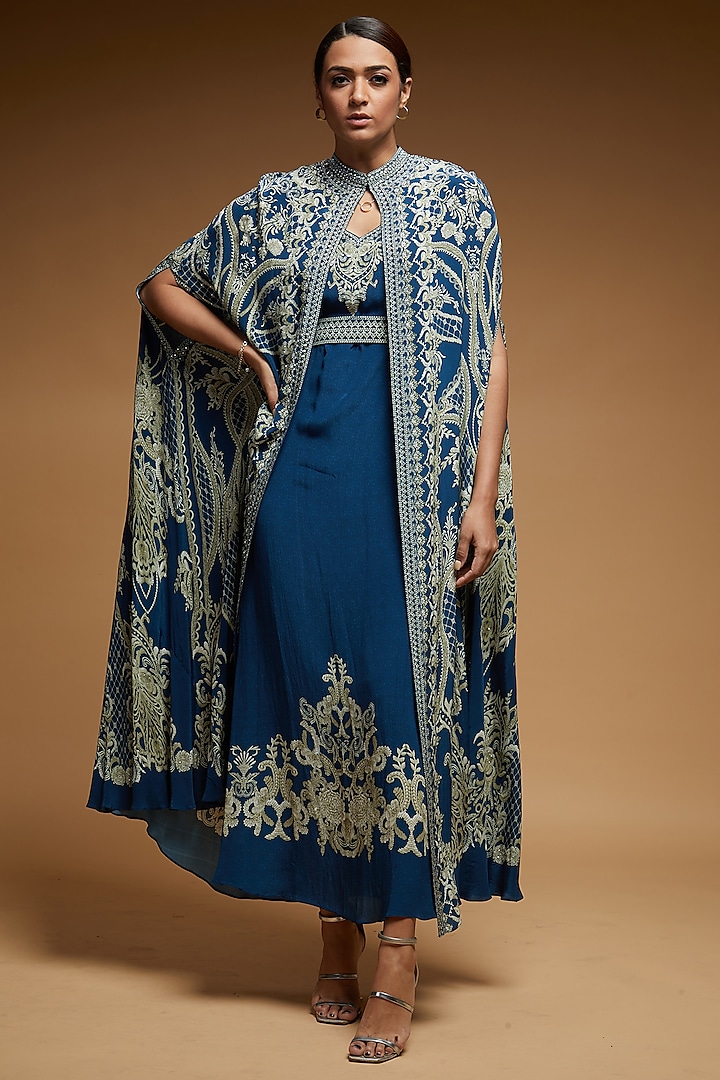 Blue Bemberg Crepe Digital Printed Cape With Attached Inner by NIRRAAMYAA at Pernia's Pop Up Shop