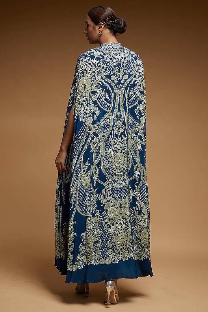 Blue Bemberg Crepe Digital Printed Cape With Attached Inner by NIRRAAMYAA at Pernia's Pop Up Shop