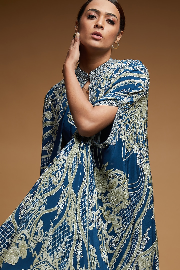 Blue Bemberg Crepe Digital Printed Cape With Attached Inner by NIRRAAMYAA at Pernia's Pop Up Shop