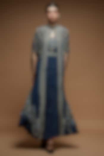 Blue Bemberg Crepe Digital Printed Cape With Attached Inner by NIRRAAMYAA at Pernia's Pop Up Shop