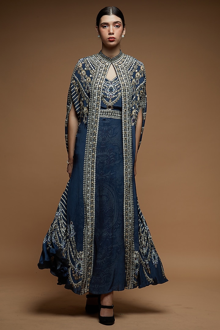 Blue Bemberg Crepe Digital Printed Cape With Attached Inner by NIRRAAMYAA at Pernia's Pop Up Shop