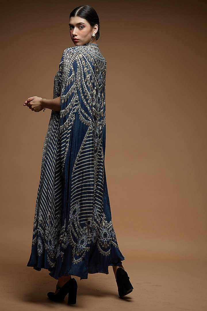 Blue Bemberg Crepe Digital Printed Cape With Attached Inner by NIRRAAMYAA at Pernia's Pop Up Shop