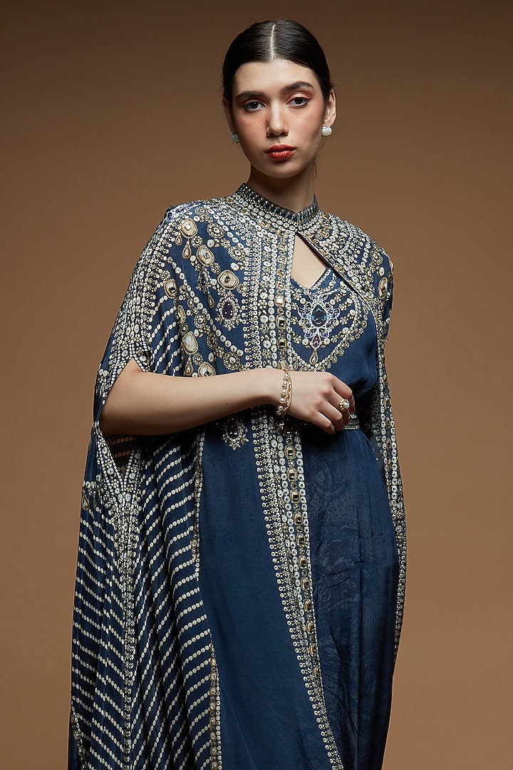 Blue Bemberg Crepe Digital Printed Cape With Attached Inner by NIRRAAMYAA at Pernia's Pop Up Shop