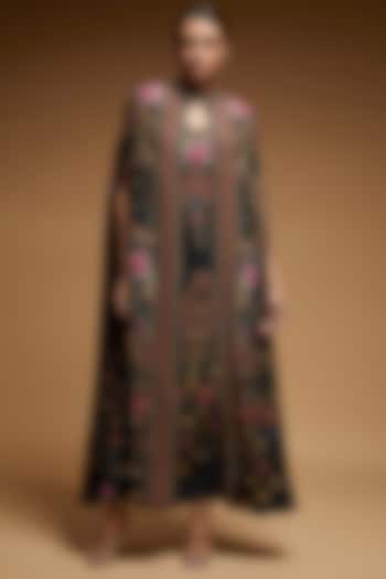 Black Bemberg Crepe Digital Printed Cape With Attached Inner by NIRRAAMYAA at Pernia's Pop Up Shop