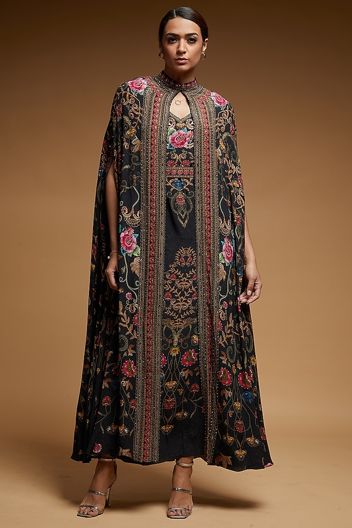 Black Bemberg Crepe Digital Printed Cape With Attached Inner by NIRRAAMYAA at Pernia's Pop Up Shop