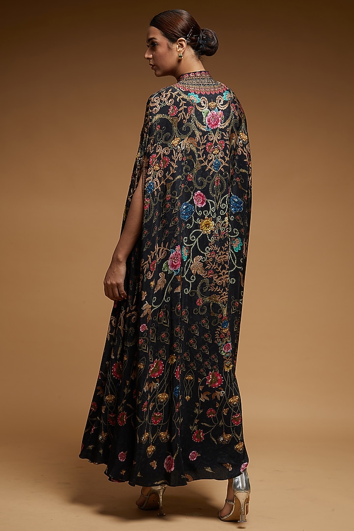 Black Bemberg Crepe Digital Printed Cape With Attached Inner by NIRRAAMYAA at Pernia's Pop Up Shop
