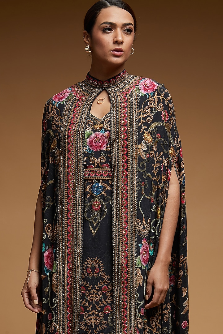 Black Bemberg Crepe Digital Printed Cape With Attached Inner by NIRRAAMYAA at Pernia's Pop Up Shop