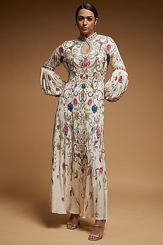Ivory Bemberg Crepe Digital Printed Long Gown by NIRRAAMYAA