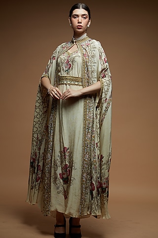 Ivory Bemberg Crepe Digital Printed Cape With Attached Inner by NIRRAAMYAA