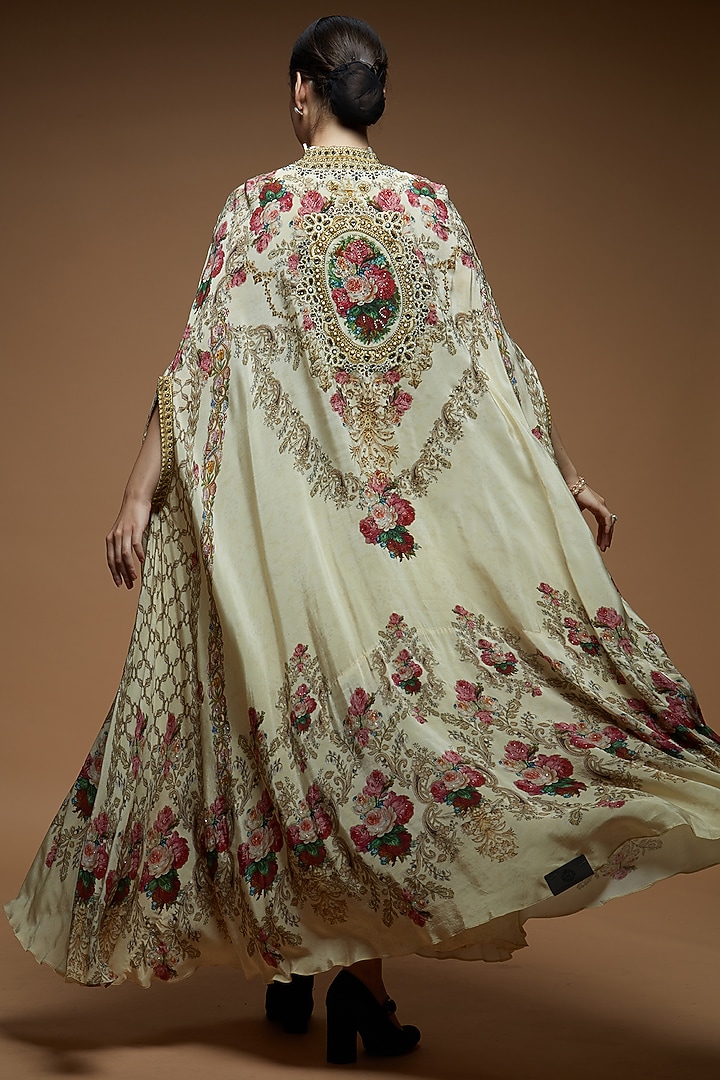 Ivory Bemberg Crepe Digital Printed Cape With Attached Inner by NIRRAAMYAA at Pernia's Pop Up Shop