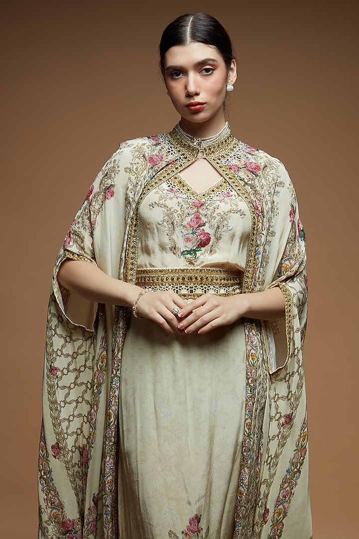 Ivory Bemberg Crepe Digital Printed Cape With Attached Inner by NIRRAAMYAA at Pernia's Pop Up Shop