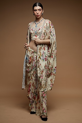 Beige Bemberg Crepe Digital Printed Cape Set by NIRRAAMYAA