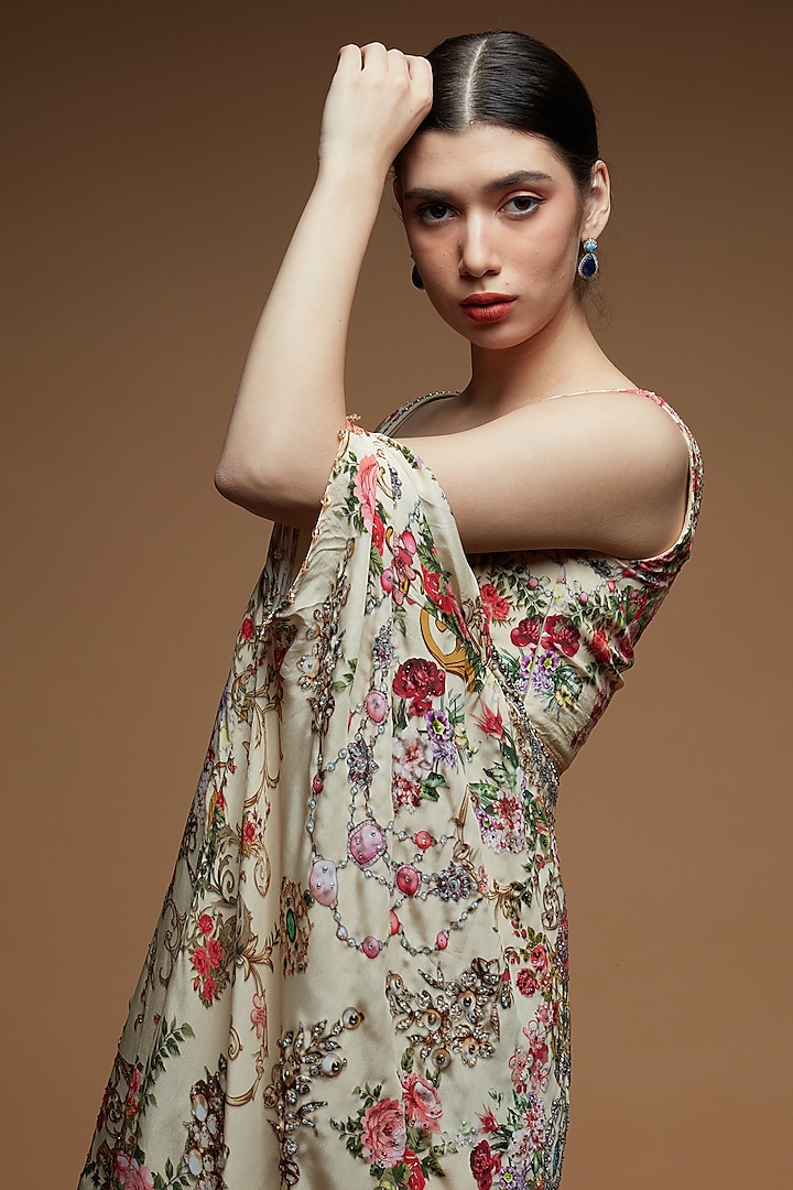 Beige Bemberg Crepe Digital Printed Cape Set by NIRRAAMYAA at Pernia's Pop Up Shop