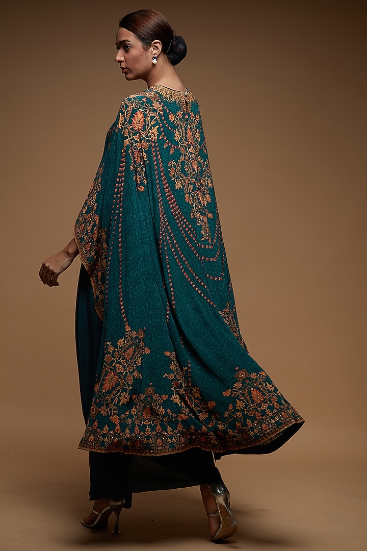 Teal Bemberg Crepe Digital Printed Cape Set by NIRRAAMYAA at Pernia's Pop Up Shop