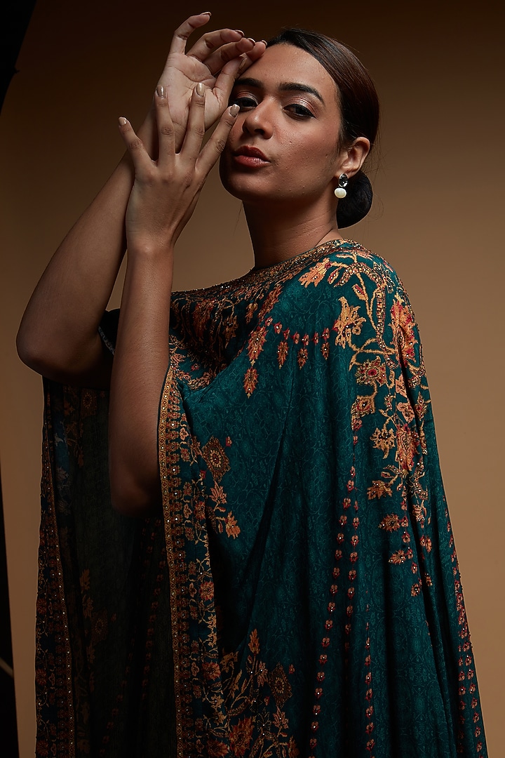 Teal Bemberg Crepe Digital Printed Cape Set by NIRRAAMYAA at Pernia's Pop Up Shop