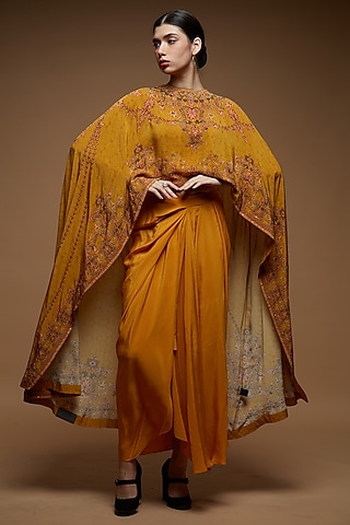 Mustard Yellow Bemberg Crepe Digital Printed Cape Set by NIRRAAMYAA