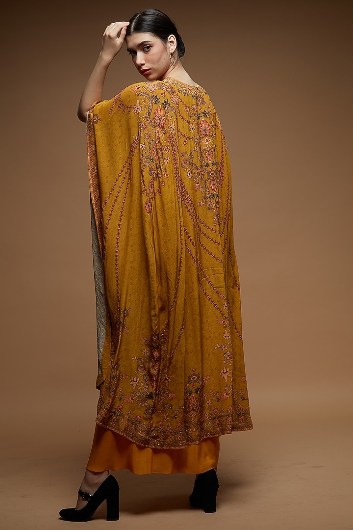 Mustard Yellow Bemberg Crepe Digital Printed Cape Set by NIRRAAMYAA at Pernia's Pop Up Shop