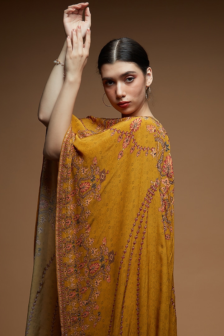 Mustard Yellow Bemberg Crepe Digital Printed Cape Set by NIRRAAMYAA at Pernia's Pop Up Shop