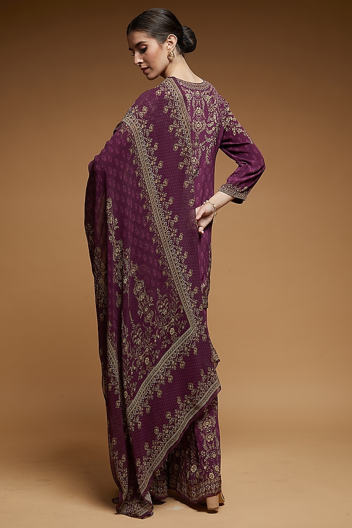 Wine Bemberg Crepe & Georgette Digital Printed Party Wear Sharara Set by NIRRAAMYAA at Pernia's Pop Up Shop