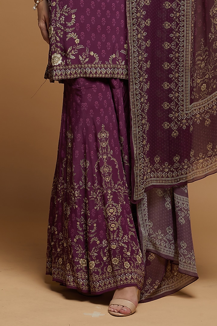 Wine Bemberg Crepe & Georgette Digital Printed Party Wear Sharara Set by NIRRAAMYAA at Pernia's Pop Up Shop