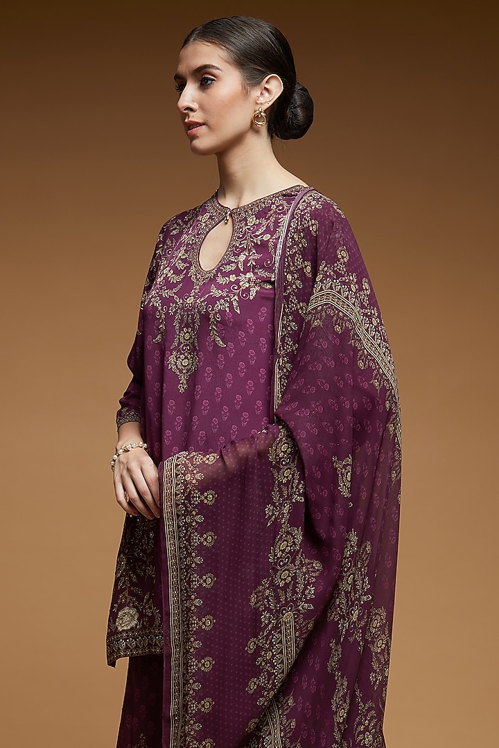 Wine Bemberg Crepe & Georgette Digital Printed Party Wear Sharara Set by NIRRAAMYAA at Pernia's Pop Up Shop