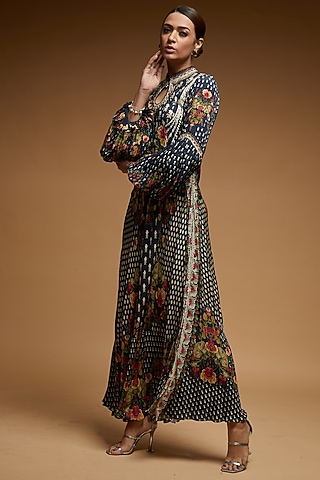 Black Bemberg Crepe Digital Printed Long Gown by NIRRAAMYAA
