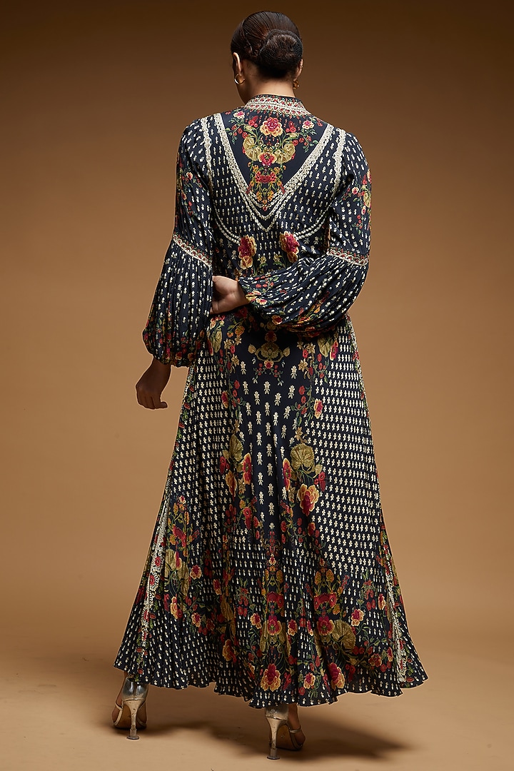 Black Bemberg Crepe Digital Printed Long Party Wear Gown by NIRRAAMYAA at Pernia's Pop Up Shop