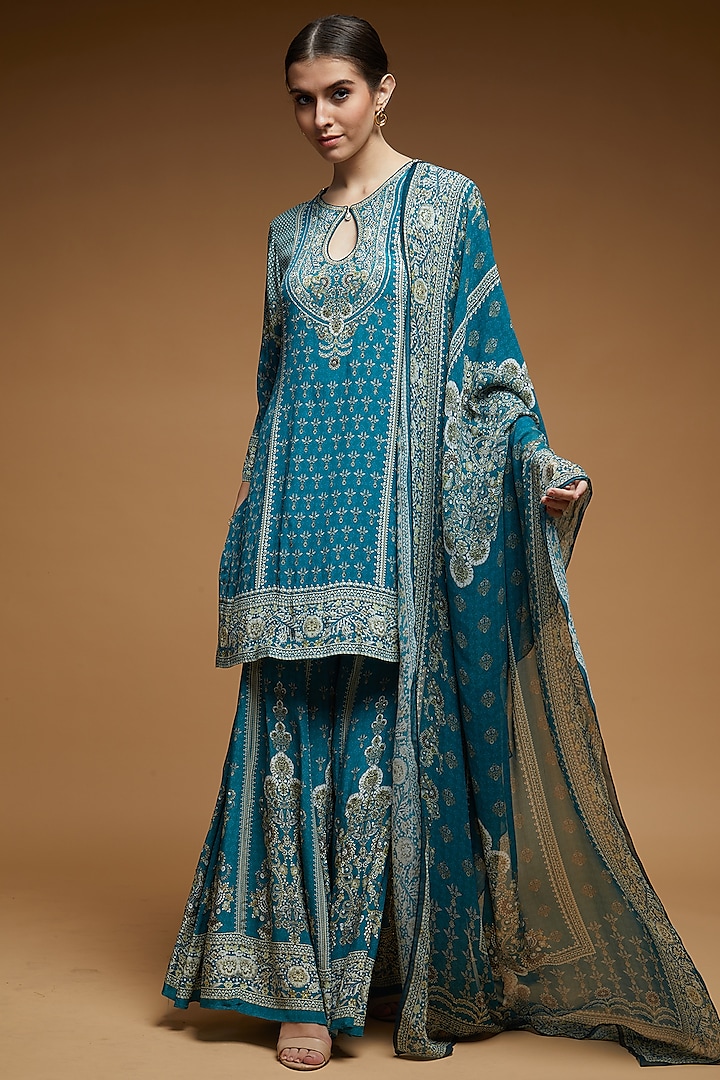 Teal Bemberg Crepe Digital Printed Sharara Set by NIRRAAMYAA