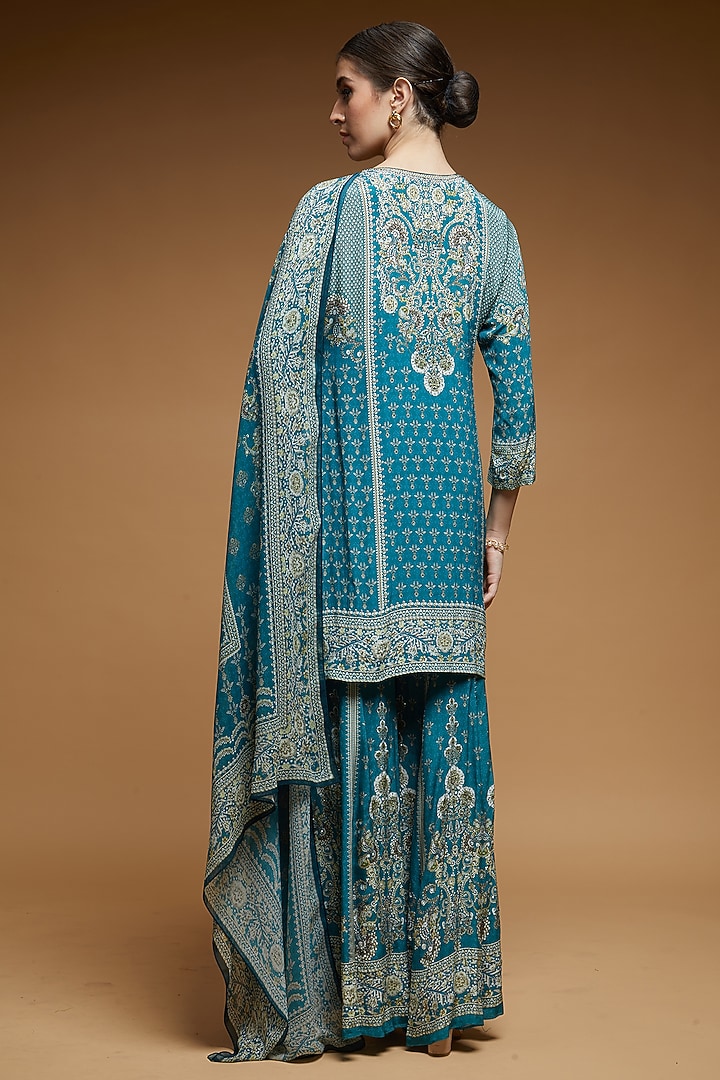Teal Bemberg Crepe Digital Printed Party Wear Sharara Set by NIRRAAMYAA at Pernia's Pop Up Shop