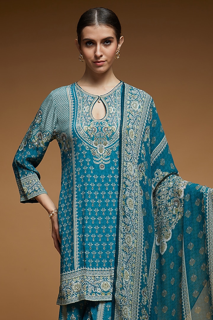 Teal Bemberg Crepe Digital Printed Party Wear Sharara Set by NIRRAAMYAA at Pernia's Pop Up Shop