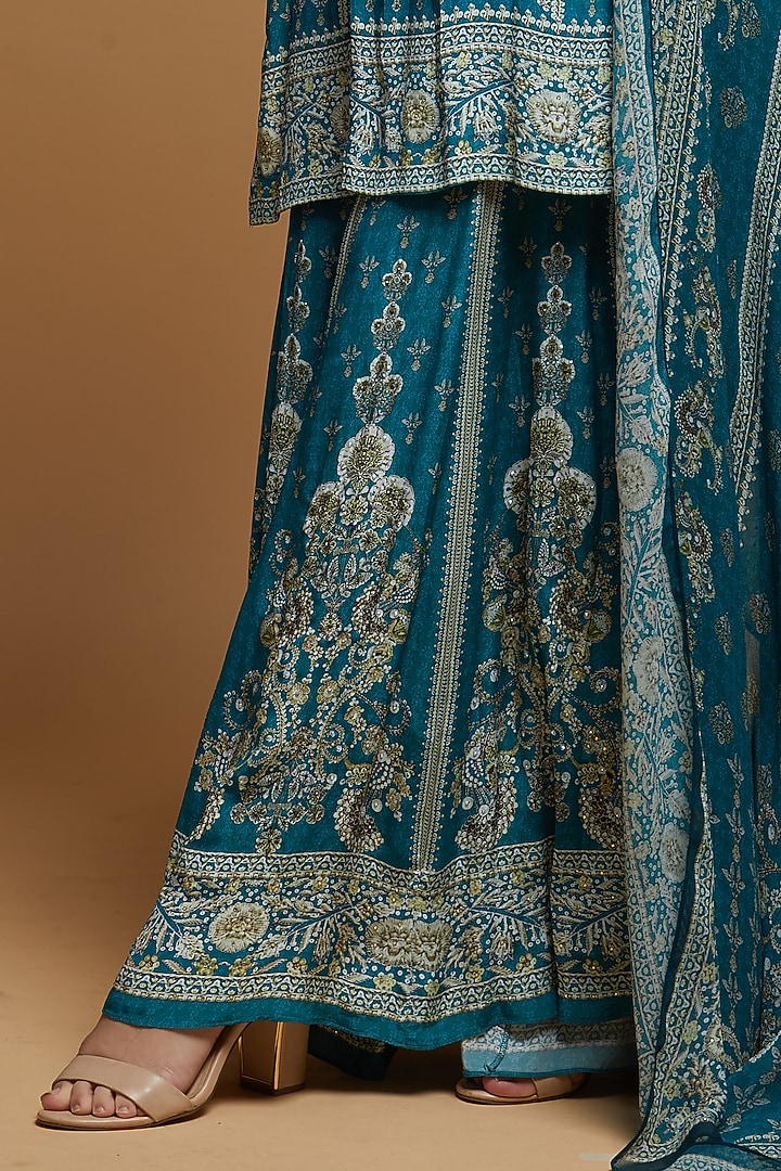 Teal Bemberg Crepe Digital Printed Party Wear Sharara Set by NIRRAAMYAA at Pernia's Pop Up Shop