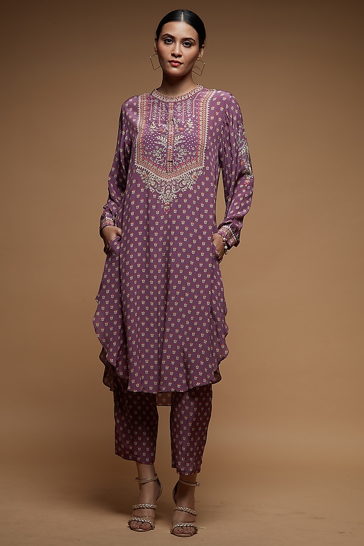Mauve Bemberg Crepe Digital Printed Co-Ord Set by NIRRAAMYAA at Pernia's Pop Up Shop