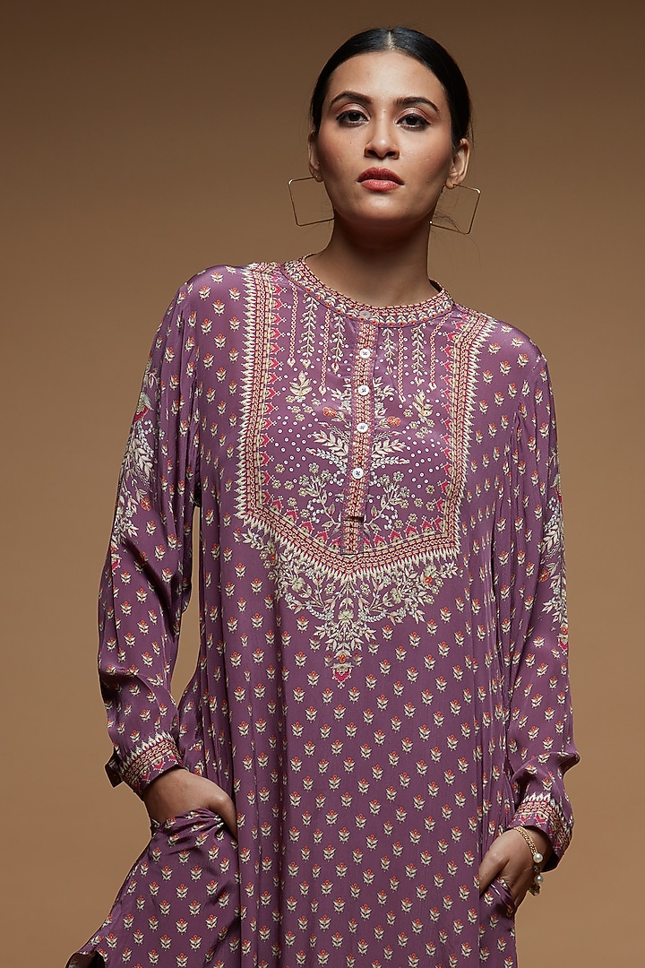Mauve Bemberg Crepe Digital Printed Co-Ord Set by NIRRAAMYAA at Pernia's Pop Up Shop