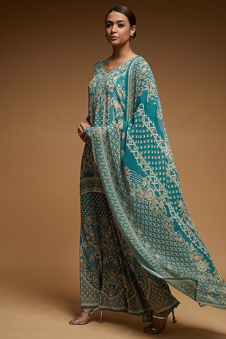 Dark Aqua Bemberg Crepe Digital Printed Sharara Set by NIRRAAMYAA