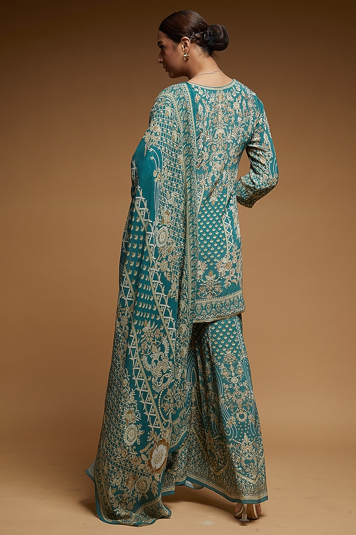 Dark Aqua Bemberg Crepe Digital Printed Party Wear Sharara Set by NIRRAAMYAA at Pernia's Pop Up Shop