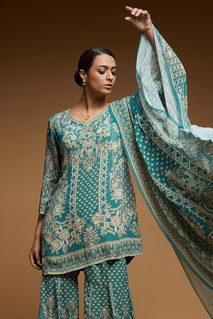 Dark Aqua Bemberg Crepe Digital Printed Party Wear Sharara Set by NIRRAAMYAA at Pernia's Pop Up Shop