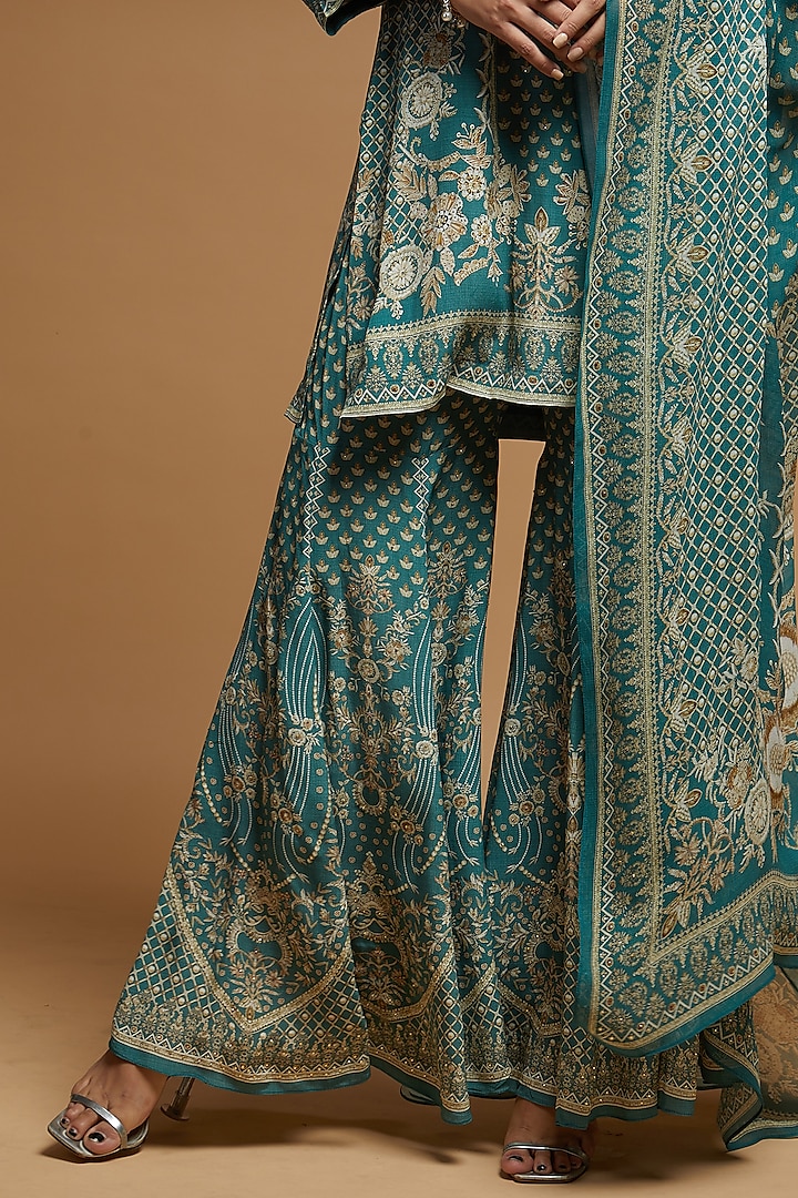 Dark Aqua Bemberg Crepe Digital Printed Party Wear Sharara Set by NIRRAAMYAA at Pernia's Pop Up Shop