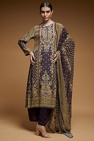 Dark Brown Bemberg Crepe Digital Printed Kurta Set by NIRRAAMYAA