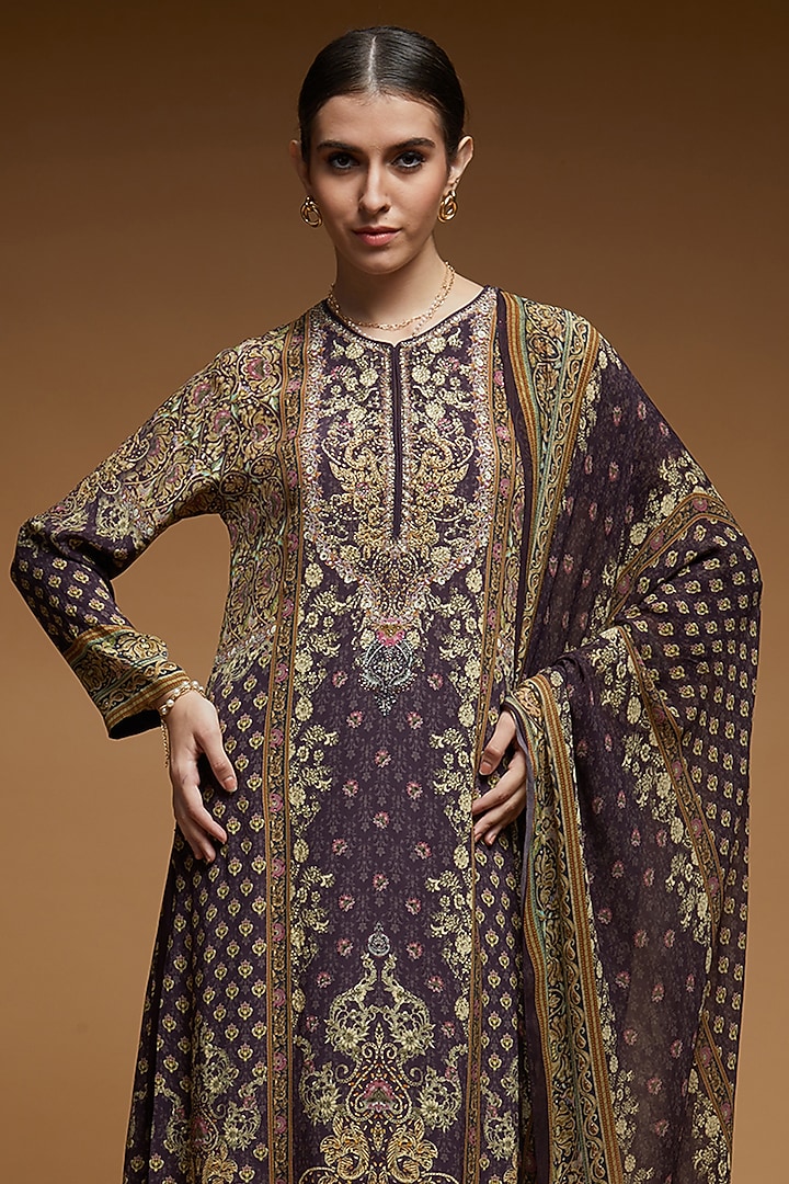 Dark Brown Bemberg Crepe Digital Printed Kurta Set by NIRRAAMYAA at Pernia's Pop Up Shop