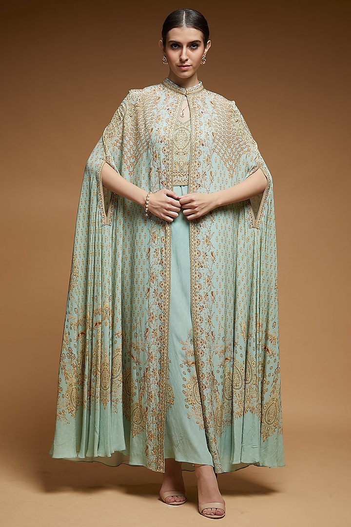 Tiffany Blue Bemberg Crepe Digital Printed Cape With Attached Inner by NIRRAAMYAA