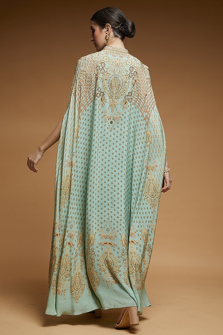 Tiffany Blue Bemberg Crepe Digital Printed Cape With Attached Inner by NIRRAAMYAA at Pernia's Pop Up Shop