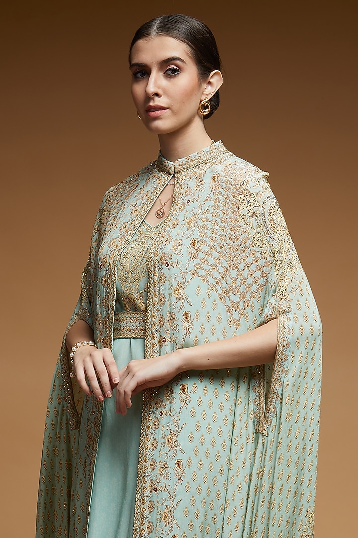 Tiffany Blue Bemberg Crepe Digital Printed Cape With Attached Inner by NIRRAAMYAA at Pernia's Pop Up Shop