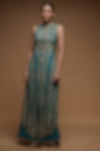 Aqua Bemberg Crepe Digital Printed Long Gown by NIRRAAMYAA