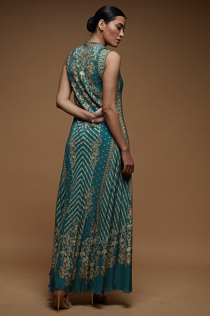Aqua Bemberg Crepe Digital Printed Long Party Wear Gown by NIRRAAMYAA at Pernia's Pop Up Shop