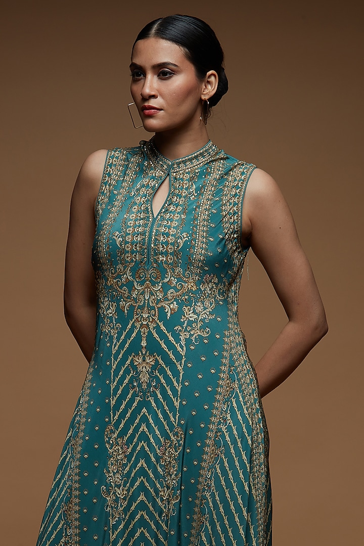Aqua Bemberg Crepe Digital Printed Long Party Wear Gown by NIRRAAMYAA at Pernia's Pop Up Shop