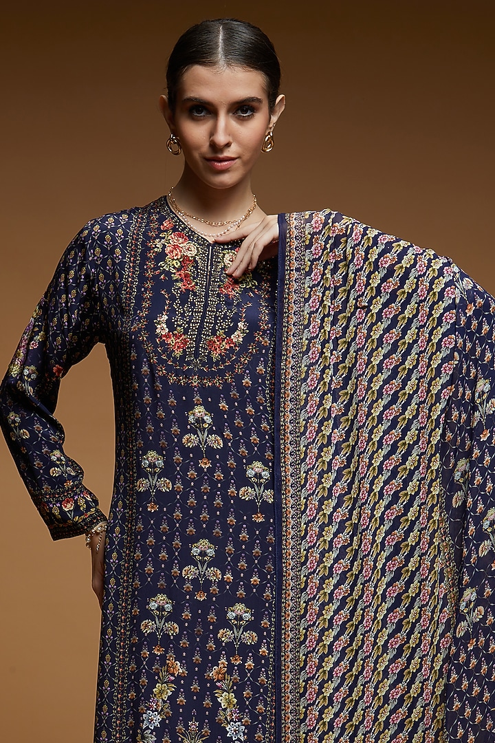 Blue Bemberg Crepe Digital Printed Kurta Set by NIRRAAMYAA at Pernia's Pop Up Shop