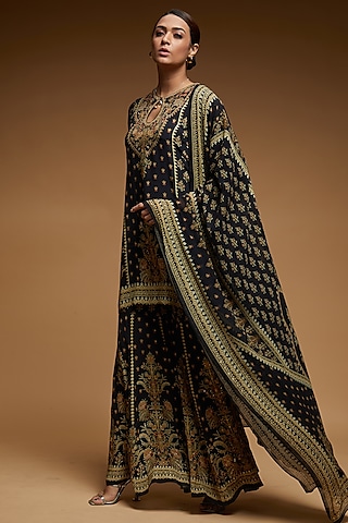 Black Bemberg Crepe Digital Printed Sharara Set by NIRRAAMYAA