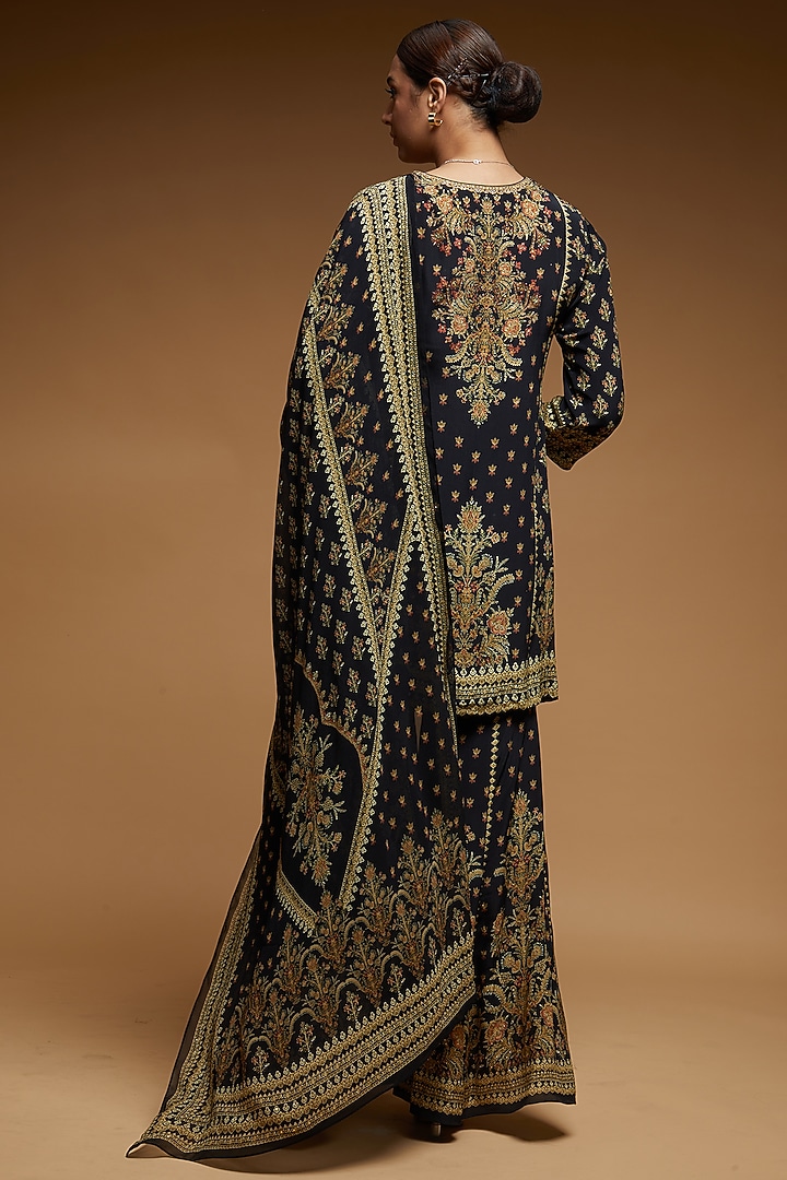 Black Bemberg Crepe Digital Printed Party Wear Sharara Set by NIRRAAMYAA at Pernia's Pop Up Shop